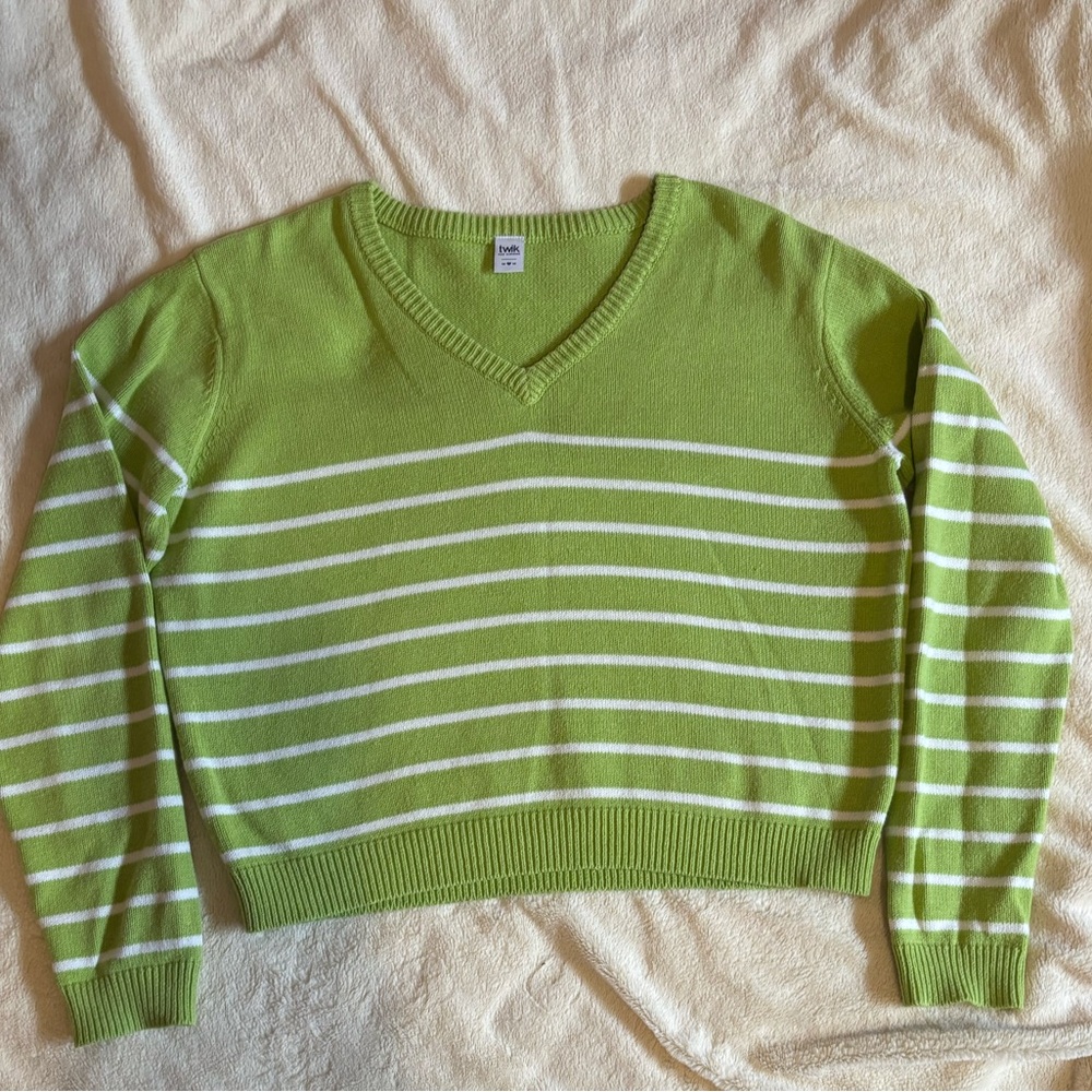 Green Striped V-Neck Women's Sweater